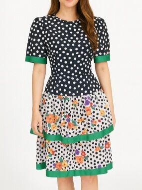 William Pearson Vintage 80s Tea Length Dress Tiered Floral Spots